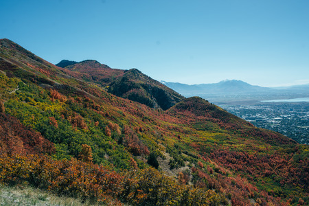 Fascinating view from rocky hills, covered in green, yellow and red bushes and treesの写真素材
