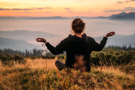 a woman in black clothes sits meditating on a mountain at dawn