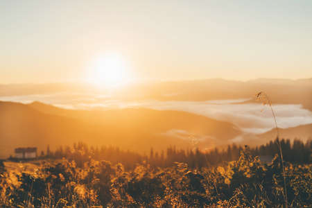 Beautiful sunrise in the mountains in autumnの写真素材