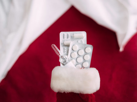 A set of cold medicines flu covid coronavirus in christmas red and white sock