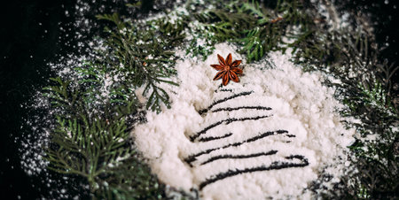 Blur Christmas tree of flour on a black background in a round frame of pine branches.の写真素材