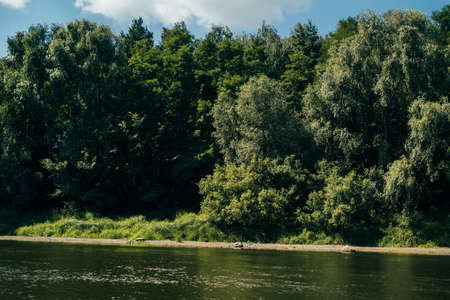 Beautiful landscape of green deciduous forest and river in which trees are reflectedの写真素材