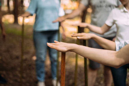 Close-up of the hands of people standing and holding sticks.の写真素材