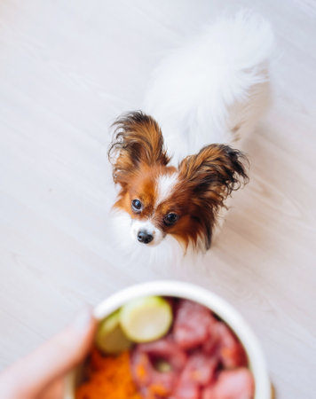 Dog looking up at a plate of natural meat dog foodの写真素材