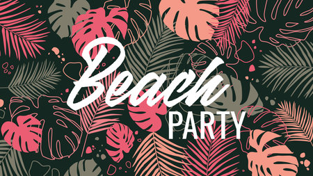 Beach party banner with bright tropical leaves. summer party. Beautiful jungle exotic party invitation, banner, flyer, advertisement Poster template. vector illustrationのイラスト素材