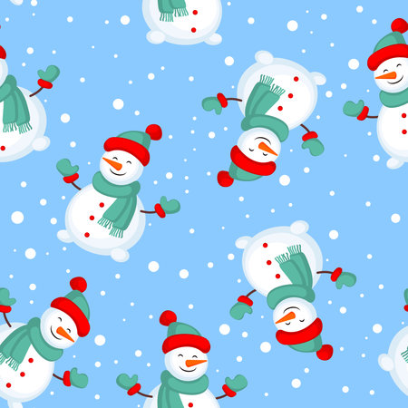 Christmas and New Year repeat illustration with a snowman on a blue background. Winter pattern, holiday invitation, greeting card, wallpaper, gift wrapping paper, web page backgroundのイラスト素材