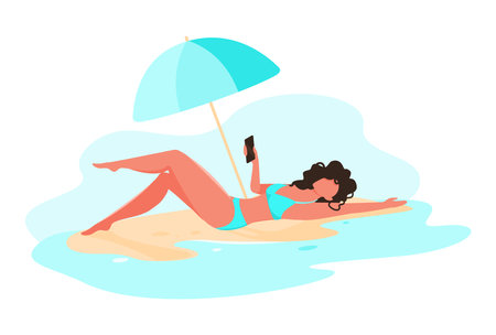 A girl by the sea lies on the sand under an umbrella. summer paradise. Girl on the beach in a bikini. summertime. summer holidays. A young brunette woman is lying on the beach and holding a mobile phoneのイラスト素材