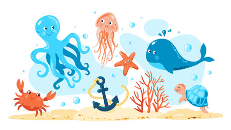 Jellyfish, crab, turtle, octopus, coral, starfish, shell, whale, anchor. Marine set with sea creatures for girls and boys, for baby shower and birthday cards, fabric, stationeryのイラスト素材
