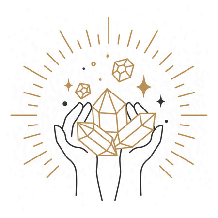 Hand with crystals. Mystical, esoteric, magic or healing crystals. Vector illustration in trendy linear minimal style. Astrological symbols. Logo and icons for cosmetics or beauty productsのイラスト素材