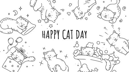 Cute funny cat in different poses and emotions. A cat in love, playful, sleeping, bathing, curious, angry. Adorable pet animals. Vector set of doodle style illustrations isolated on white backgroundのイラスト素材