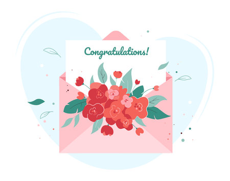 Envelope with flowers and card with greeting. Happy Mother's Day. teacher's day. Vector illustration for banner, cover, poster, greeting message, cardのイラスト素材