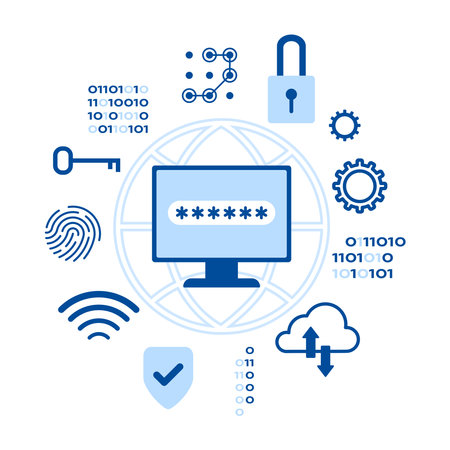 Computer and security elements. Network Security, protection of confidential data. Safe Internet technologiesのイラスト素材