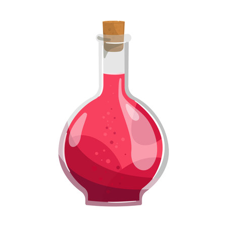 Alchemy. Magic potion in glass flask with cork. Vector illustration in cartoon style. Witchcraft. Poisonのイラスト素材