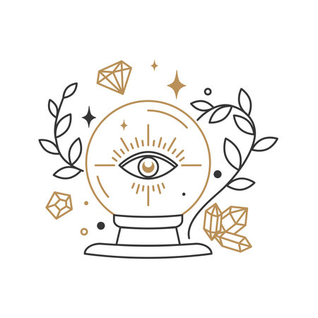 Mystical and magical symbols. Prediction of the future. Glass sphere with all-seeing eye, crystals, stars. Vector illustration isolated on white backgroundのイラスト素材