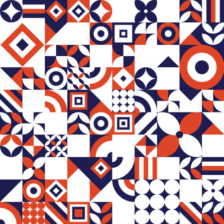 Abstract trendy mosaic background in Bauhaus style. Retro art with circle, triangle, stripes and...