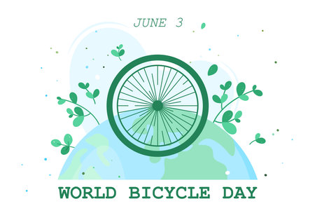 Bicycle wheel on the background of planet Earth and green plants. Go green environmental conservation concept. Vector illustration for web, banner, poster, landing page, social media, etcのイラスト素材