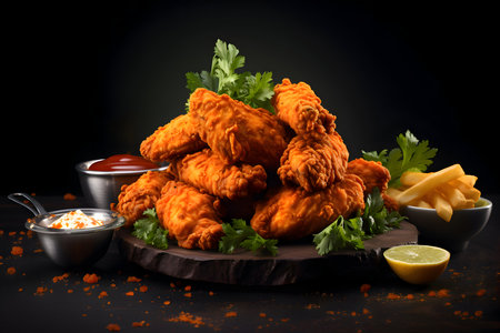 A plate of delicious buffalo chicken wings on a dark background. advertising commercial photoの素材