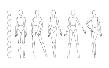 Fashionable outline template for technical fashion sketches. Models in different poses, vector illustrationのイラスト素材