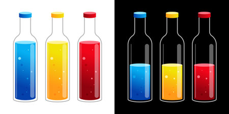 Transparent glass bottles with colored liquid. Yellow red blue liquid in a glass container with a lid vector illustrationのイラスト素材