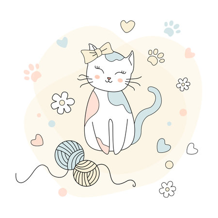 Little happy cat, adorable cute kitten, simple vector illustration. Cute playful kitten girl. Can be used for greeting card, kids t-shirt design, print or posterのイラスト素材