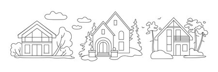 Vector set of linear icons of houses. For web design, application interface, infographics. Vector illustrationのイラスト素材