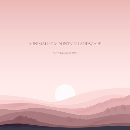 Minimalist mountain landscape. Sunrise. Modern vector background with space for text. Poster, cover template, illustration for card, wallpaper, wallのイラスト素材