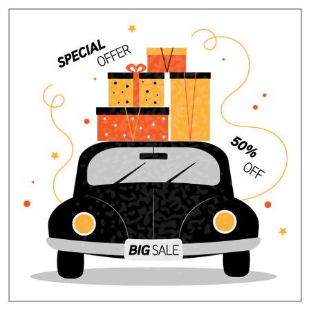 Discounts Advertising banner. Ð¡ar, gift boxes and 50% discount offer. Vector illustration eps 10 for banners, postcards, invitations, posters, brochures, discount vouchersのイラスト素材