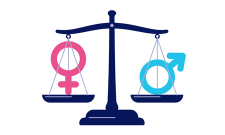 Weight scale with gender signs showing equal weight. Equality symbol. Flat vector illustration isolated on white backgroundのイラスト素材
