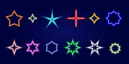 Glowing neon stars isolated on a dark background. Colorful light effect. Bright illuminated star shapes. Fashion party. Vector illustrationのイラスト素材