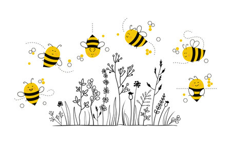 Bees in a wildflower meadow. Cute bees and black silhouettes of grass for baby shover invitation, greeting cards, printing on baby and kids clothes, nursery wall artのイラスト素材