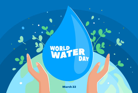 Hands and a drop of water. Save water. Ecology and environment conservation concept. World water dayのイラスト素材