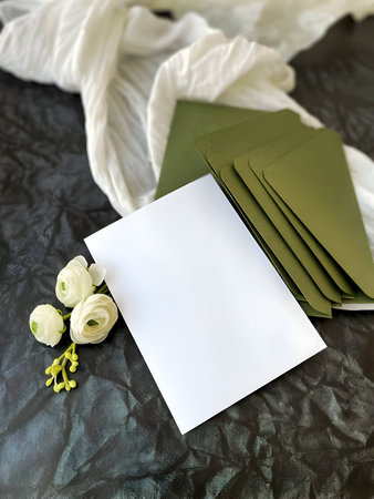Wedding invitation or greeting card mockup with olive envelopes and flowers. Postcard mockup with...
