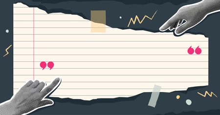 Trendy Halftone Collage Hands showing empty space. Shred of notebook page with torn edges. Social media communication and advertising. Empty space for quote, plan and idea. Contemporary art. Creative abstract template. Vector illustrationのイラスト素材