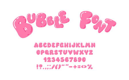 Playful pink bubble set of pink letters and numbers from 0 to 9. Y2K trendy style. 3D, bubble gum, balloon font. Graffiti. Plump digits and letters, punctuation marks. Childish preschool game, milestones, postcardsのイラスト素材