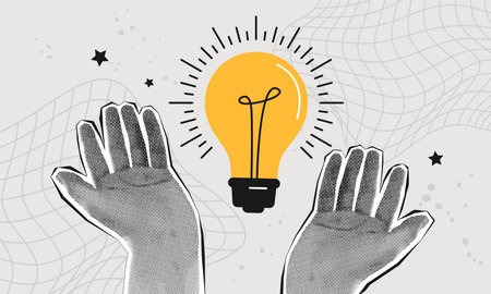 Trendy collage two halftone hands and lightbulb. Creative idea concept. Business solutions, mind,...