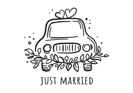 Wedding car with flowers in sketch style. Hand Drawn Marriage Icon. Just married. Cute doodle vector illustration isolated on white for invitations, greeting cards, posters, timelineのイラスト素材