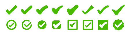 Green checkmark symbols. Check mark icons. Right, correct vote choice. Buttons for apps and websites. Vector isolated on white backgroundのイラスト素材