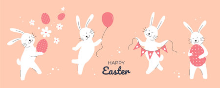 Easter Festive banner with Cute Bunnies, Easter Eggs and Flowers. Playful Bunny Rabbits. Holiday beautiful design for greeting card, poster, cover. Modern Vector illustrationのイラスト素材