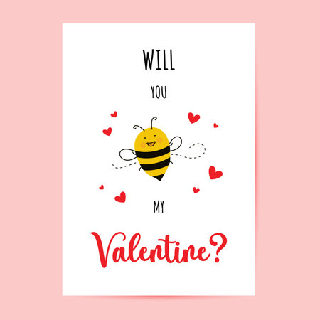 Valentines day. Adorable Romantic Card with lettering, Cute Happy Bee Character and Red Heartsのイラスト素材