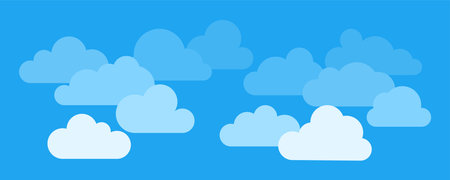 Flat clouds. Weather elements. Cartoon puffy, fluffy and cumulus clouds in blue sky for baby shower, covers, cards, games. Vector collectionのイラスト素材