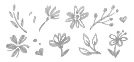 Sketch Ink of Plants set, hand drawn naive botanical Design Elements, drawing with a marker, grunge brush, Doodle Vector Floral Texture, Organic iconsのイラスト素材