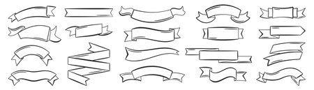 Empty Ribbon Banners. Hand drawn simple doodle ribbons collection for label, text header, title, calligraphy or lettering. Vector illustration isolated on whiteのイラスト素材