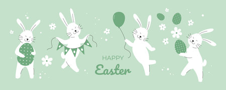 Easter Happy Rabbits, Easter Eggs and Flowers. Playful Bunny Rabbits. Holiday beautiful design for greeting card, poster, cover. Spring Vector illustration isolatedのイラスト素材