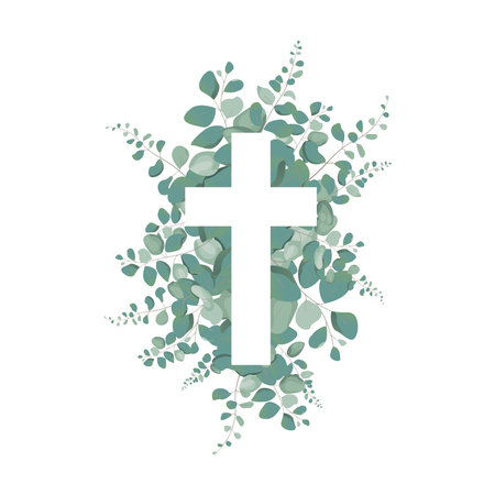 Eucalyptus Botanical greenery and cross. Baptism Invitation. Easter Cross. Holy Spirit. Religious. Baptism Christening Invitation. Christian Cross and Foliageのイラスト素材