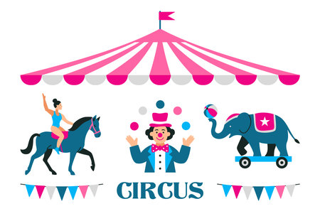 Circus, Festival. World Circus Day. Welcome Carnival. Circus Tent, Flags, Elephant with a Ball, Horse with Acrobat, Juggling Clown. Characters, people and animals performing stunts in circus. Vector illustrationのイラスト素材
