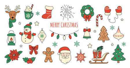 Merry Christmas. Winter festive symbols. Santa, Sleigh, Snowman, Gift, Bell, Christmas tree, Holly, Poinsettia, Fireworks, Lantern, Santa Claus, Bow, Gingerbread man, Christmas tree toys, Snowflakes, Starsのイラスト素材