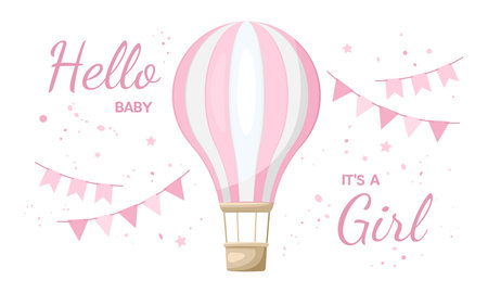 Hello Baby. It's a Girl. Pink Hot Air Balloon, flags, stars, confetti. Vector illustration for Newborn, Baby shower, greeting or invitation cards, banner, posterのイラスト素材