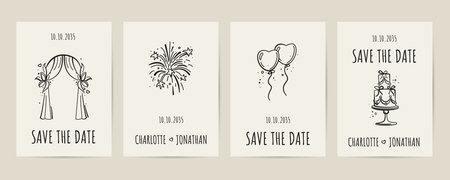 Save the Date, Wedding, Invitation cards. Wedding arch, firework, cake, helium balloons in the shape of hearts. Drawings for wedding dinner posters, invitations, bridal shower parties. Vector illustrationのイラスト素材