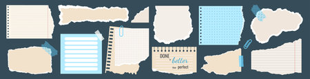 Light beige and blue paper shapes, notebook sheets, paper notes with jagged uneven edges. Torn paper...