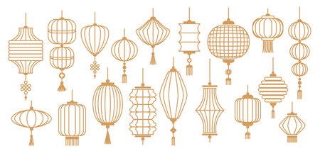 Traditional Chinese lanterns in different shapes. Chinese New Year icons, symbols and decoration. Classic Asian lantern. Flat linear minimalist geometric vector illustrationのイラスト素材